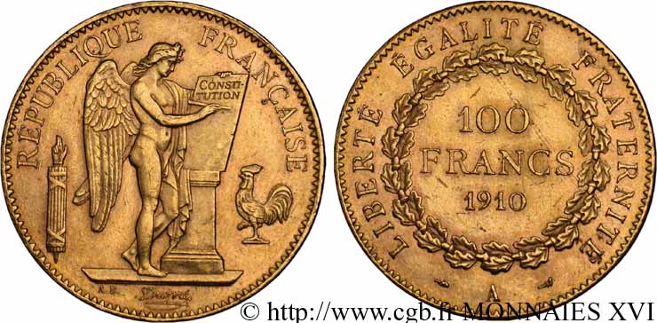 100 francs génie, tranche inscrite en relief liberté égalité fraternité 1910 Paris F.553/4 SUP 