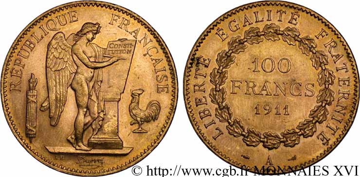 100 francs génie, tranche inscrite en relief liberté égalité fraternité 1911 Paris F.553/5 SPL 