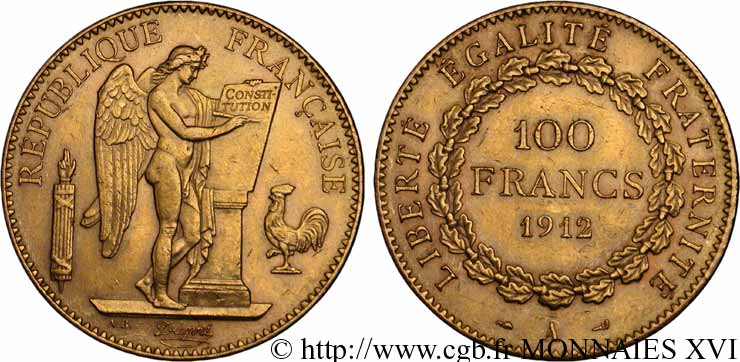 100 francs génie, tranche inscrite en relief liberté égalité fraternité 1912 Paris F.553/6 SPL 