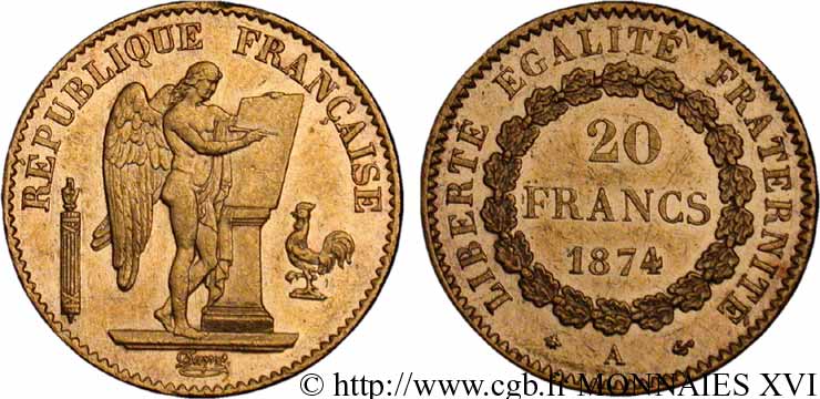 20 francs génie, Troisième république 1874 Paris F.533/2 SPL 