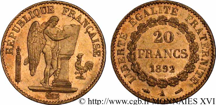 20 francs génie, Troisième république 1892 Paris F.533/16 SUP 