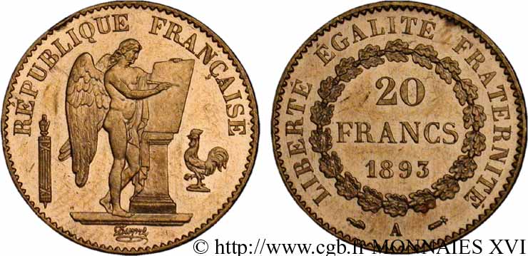 20 francs génie, Troisième république 1893 Paris F.533/17 SUP 