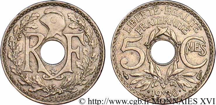 5 centimes Lindauer, Maillechort, avec étoile 1938 Paris F.123/1 EBC 