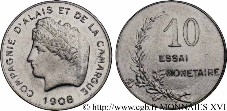 Essai de 10 centimes, Compagnie d’Alais et de la Camargue 1908  VG.4612  MBC 