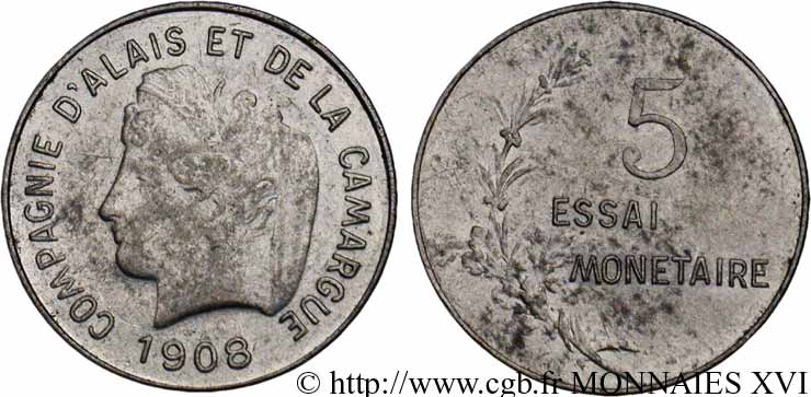 Essai de 5 centimes, Compagnie d’Alais et de la Camargue 1908  VG.4612  SS 