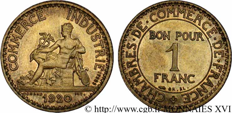 Essai de 1 franc Chambres de commerce en bronze-aluminium 1920 Paris F.218/1 SUP 