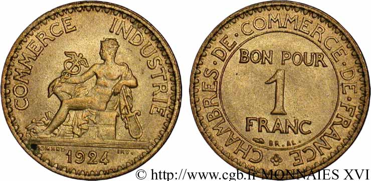 1 franc Chambres de commerce, 4 fermé 1924 Paris F.218/6 EBC 