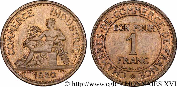 Essai de 1 franc Chambres de commerce en cuivre 1920 Paris Maz.2583 d SC 
