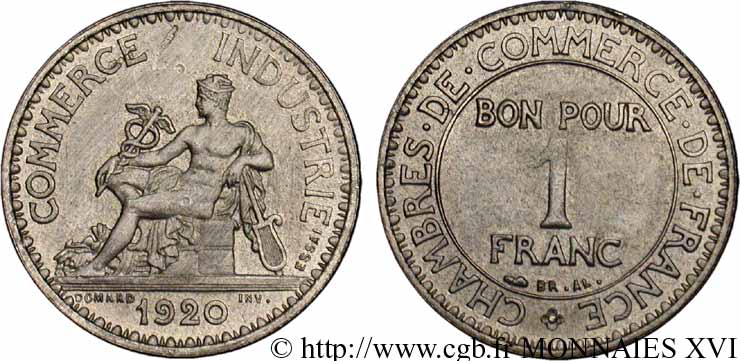 Essai de 1 franc Chambres de commerce en maillechort 1920 Paris Maz.2583 e VZ 