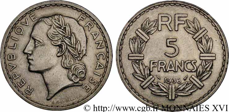 5 francs Lavrillier en nickel 1936 Paris F.336/5 XF 