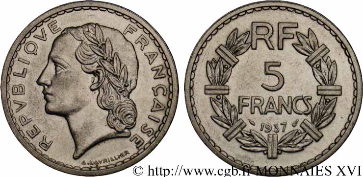 5 francs Lavrillier en nickel 1937 Paris F.336/6 MS 