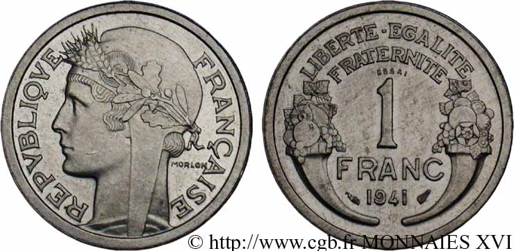 Essai en aluminium de 1 franc Morlon 1941  F.221/1 SPL 