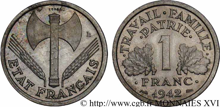 Essai de 1 franc Francisque 1942 Paris F.222/1 AU 