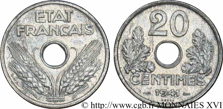 Essai de 20 centimes État français 1941 Paris F.153/1 EBC 