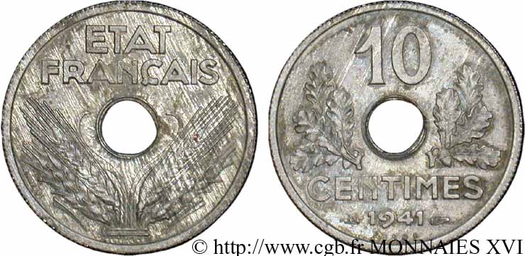 Essai de 10 centimes, État français, grand module 1941 Paris F.141/1 VZ 