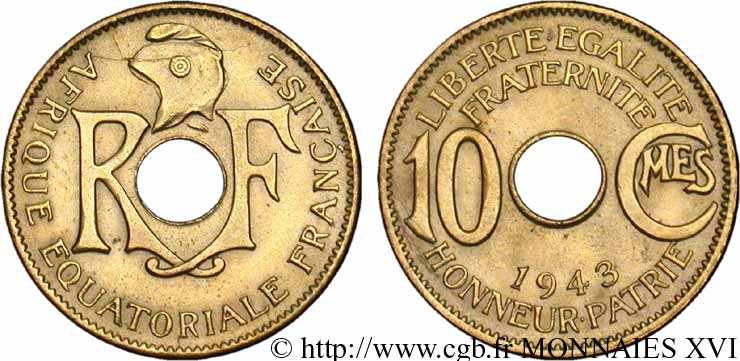 AFRIQUE ÉQUATORIALE FRANÇAISE 10 centimes AEF 1943 Prétoria AU 