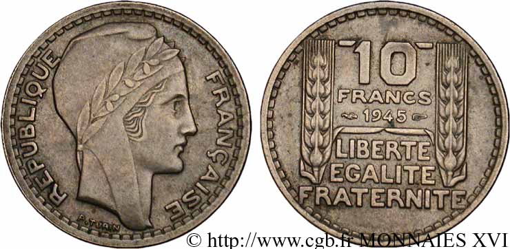 10 francs Turin, grosse tête, rameaux courts 1945 Paris F.361A/1 TTB 