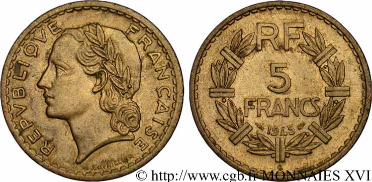 5 francs Lavrillier en bronze-aluminium 1945 Castelsarrasin F.337/6 VZ 