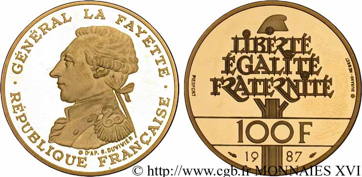 Piéfort de 100 francs en or La Fayette Brillant Universel 1987 Paris F.455/2P ST 