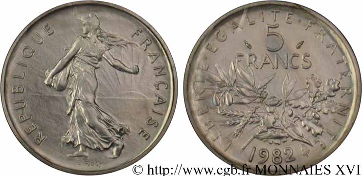 Piéfort argent de 5 francs Semeuse, nickel 1982 Pessac F.341/14P MS 