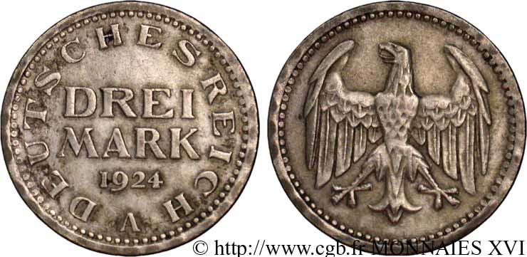 GERMANY - WEIMAR REPUBLIC 3 Mark 1924 Berlin XF 