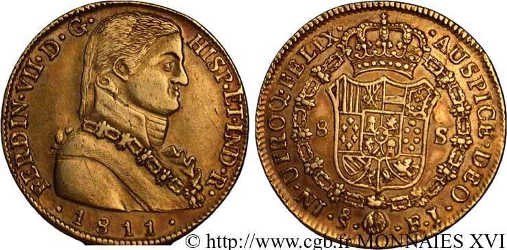 CHILI - FERDINAND VII 8 escudos or 1809 Santiago du Chili MBC 