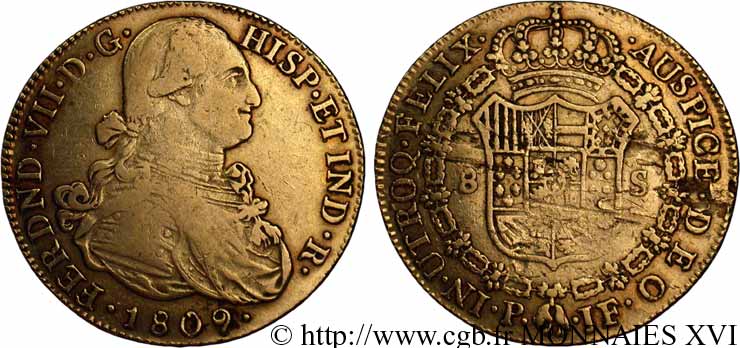 COLOMBIE - FERDINAND VII 8 escudos en or 1809 Popayan VF 