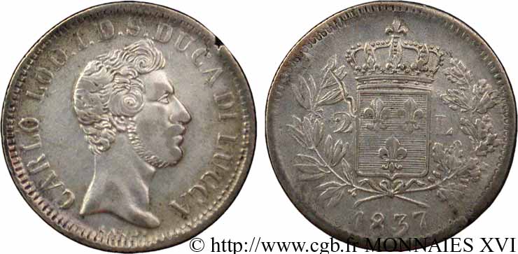 DUCHY OF LUCQUES - CHARLES LOUIS OF BOURBON 2 Lires 1837 Lucques XF 