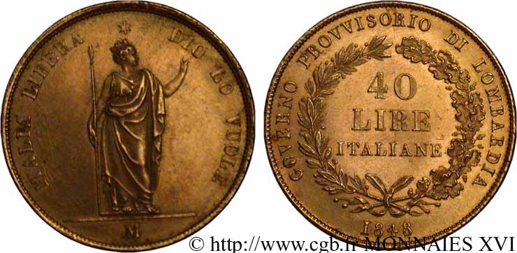LOMBARDY - PROVISIONAL GOVERNMENT 40 lires 1848 Milan AU 