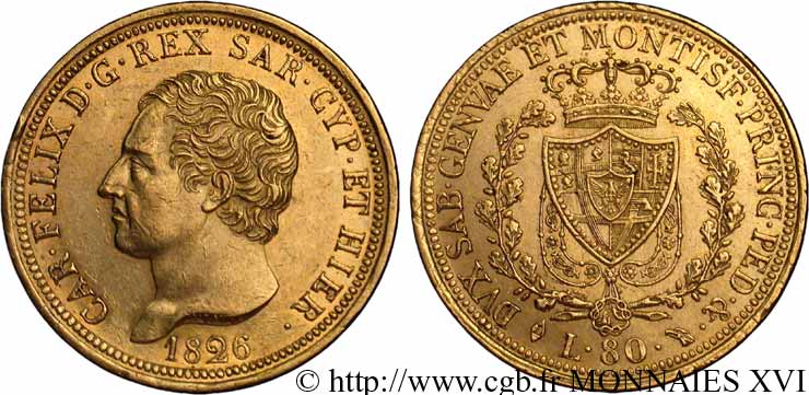 ITALIA - REINO DE CERDEÑA  - CARLO FÉLIX 80 lires en or 1826 Turin MBC 