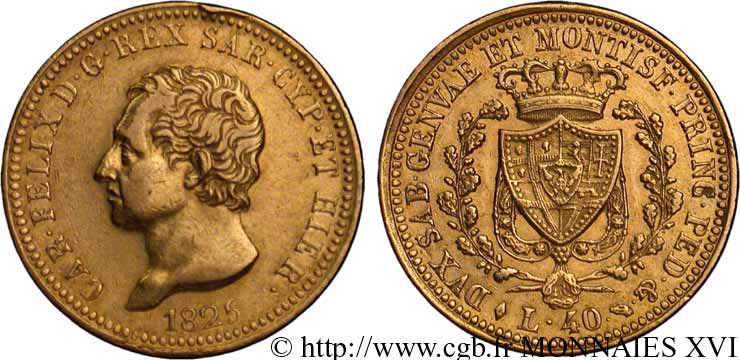 ITALY - KINGDOM OF SARDINIA - CHARLES-FELIX 40 lires en or 1825 Turin XF 