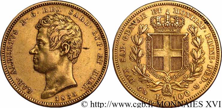 ITALIA - REGNO DE SARDINIA - CARLO ALBERTO 100 lires or 1835 Gênes XF 