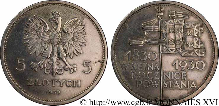 POLOGNE - RÉPUBLIQUE INDÉPENDANTE 5 zloty, centenaire de la révolte de 1830-1831 1930 Varsovie AU 