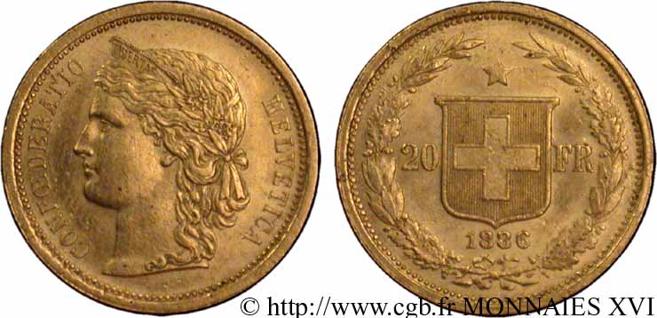 SWITZERLAND - HELVETIC CONFEDERATION 20 francs or 1886 Berne XF 