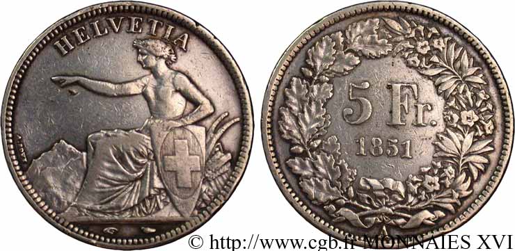 SWITZERLAND - CONFEDERATION 5 francs 1851 Paris VF 