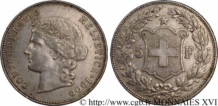 SWITZERLAND - HELVETIC CONFEDERATION 5 francs 1900 Berne SS 