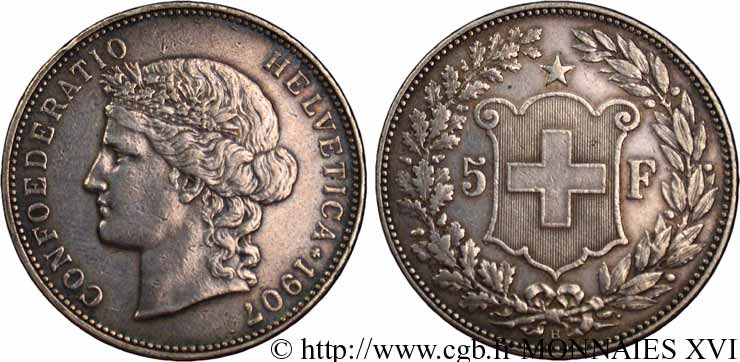 SWITZERLAND - HELVETIC CONFEDERATION 5 francs 1907 Berne MBC 