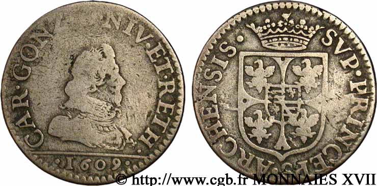 ARDENNES - PRINCIPAUTY OF ARCHES-CHARLEVILLE - CHARLES I OF GONZAGUE Liard argenté au buste fin VF