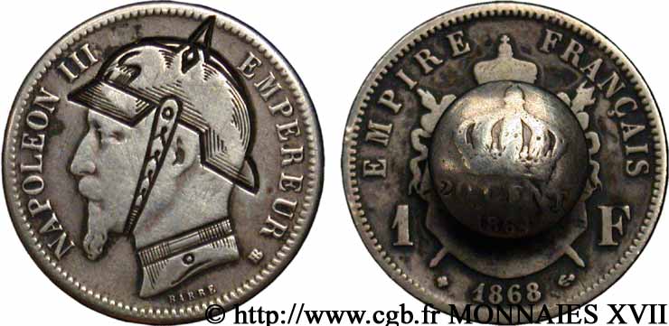 Monnaie satirique, module de 1 franc, regravée et transformé en bouton 1868 Strasbourg F.215/8/ (pour le type) XF 