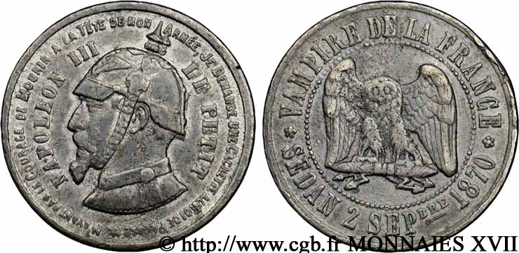 Monnaie satirique, module de 10 centimes 1870  Coll.38 var. BB 
