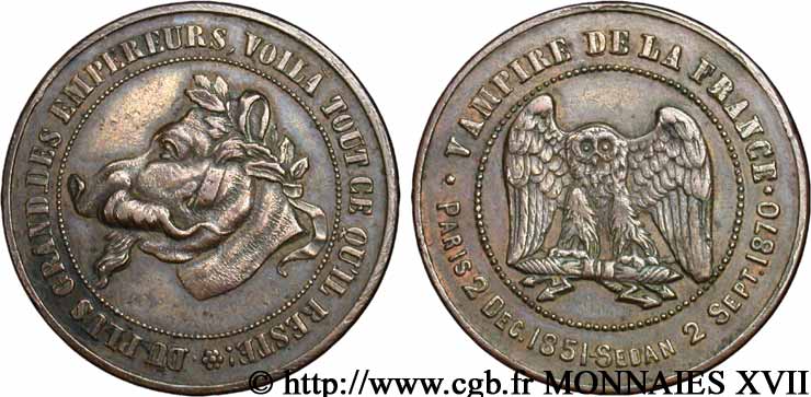 Monnaie satirique, module de 10 centimes à la tête de cochon 1870  Coll.41  fVZ 
