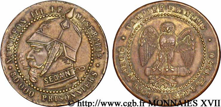 Monnaie satirique, module de 5 centimes 1870  Coll.44  TTB+ 