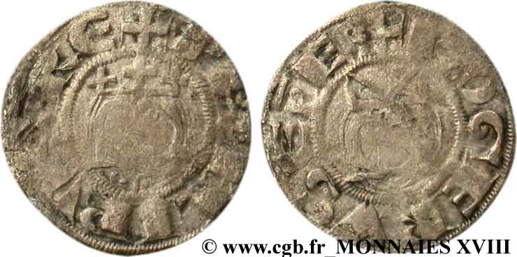 PHILIPPE II AUGUSTE ET ROGER II DE ROSOI Denier c. 1180-1201 Laon B+