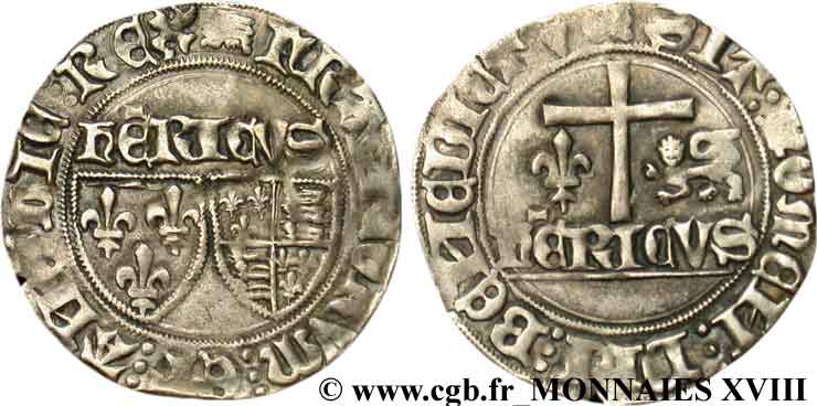 HENRY VI DE LANCASTRE - ROI DE FRANCE (1422-1453) - ROI D ANGLETERRE (1422-1461) et (1470-1471) Blanc aux écus 23/11/1422 Rouen TTB+