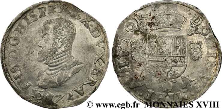 SPANISH LOW COUNTRIES - DUCHY OF BRABANT - PHILIPPE II Écu philippe ou daldre philippus 1572 Anvers SS
