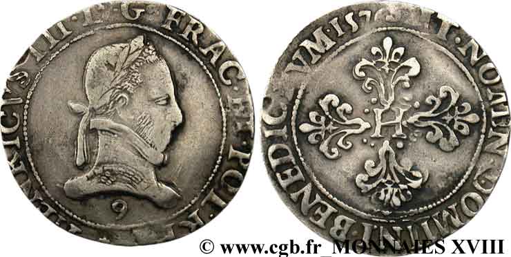 HENRY III Franc au col plat 1576 Rennes VF/XF