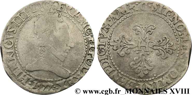 HENRI III Franc au col plat 1577 Lyon TB/TB+