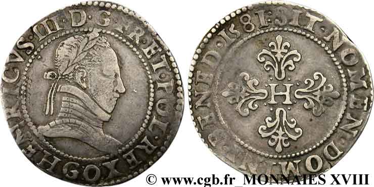 HENRI III Franc au col plat 1581 Poitiers TTB