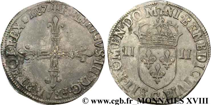 HENRI III Quart d écu, croix de face 1587 Saint-Lô TTB+/TTB