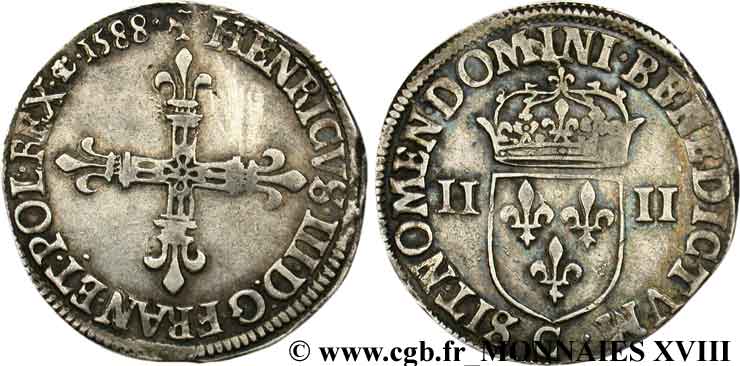 HENRI III Quart d écu, croix de face 1588 Saint-Lô TTB